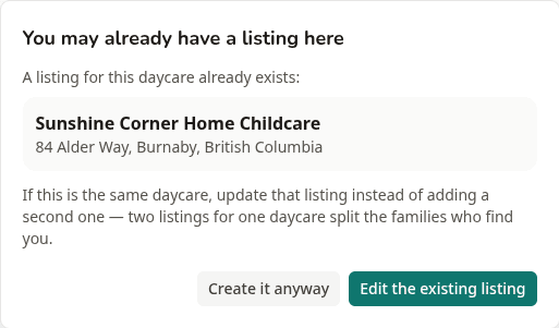 The warning shown before a second listing is created, naming the existing listing and offering to edit it