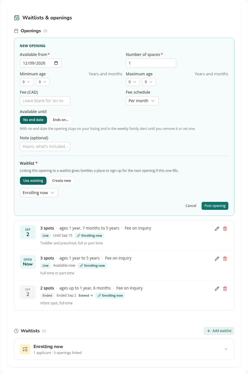 The new opening form with available-from date, end date choice, spaces, ages, fee and waitlist fields