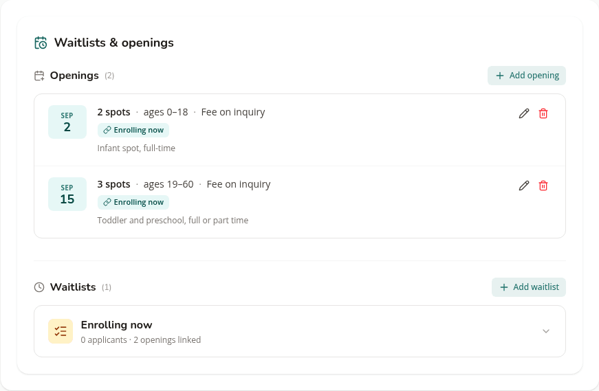 The Waitlists and openings section with two openings posted