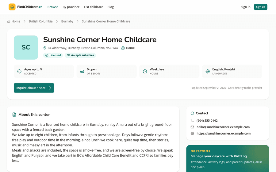 The published listing as a family sees it