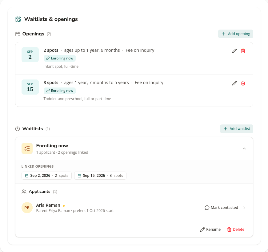 The waitlist expanded showing an applicant and the linked openings