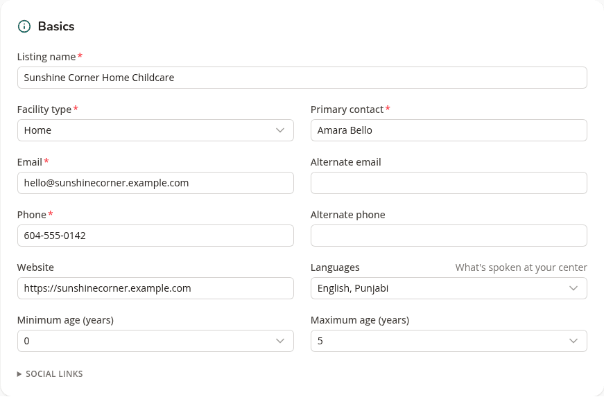 The Basics section showing the listing's contact email