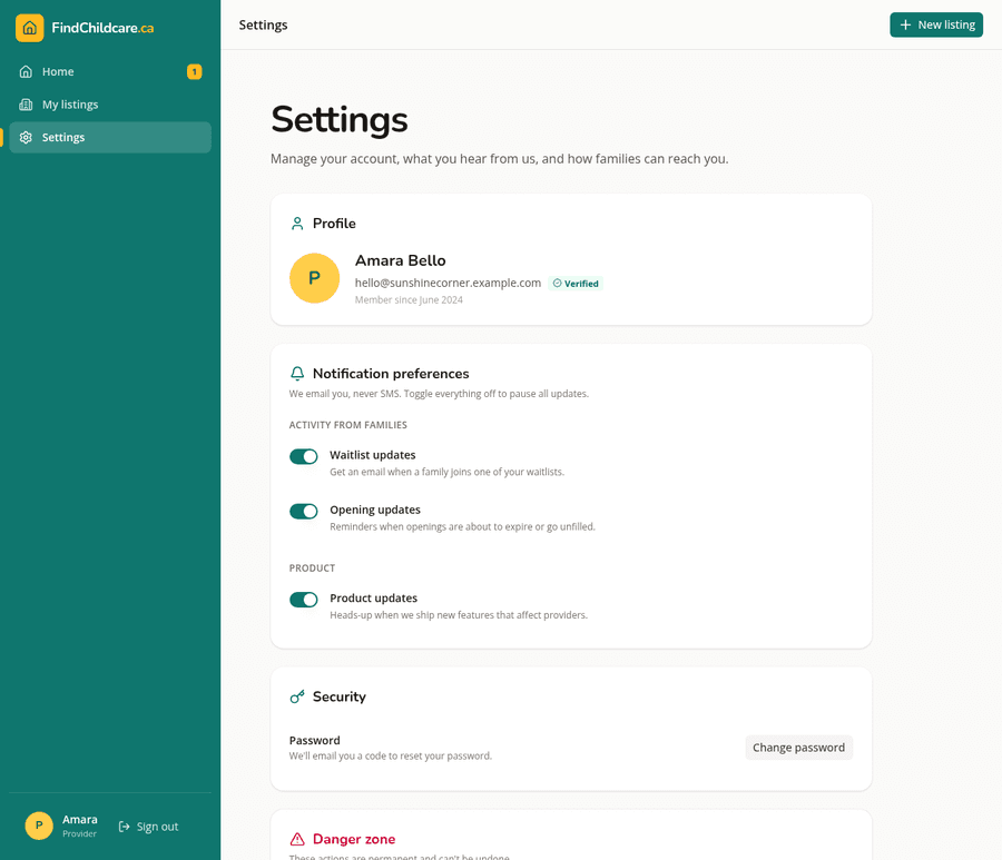 Notification preferences with waitlist, opening and product updates enabled
