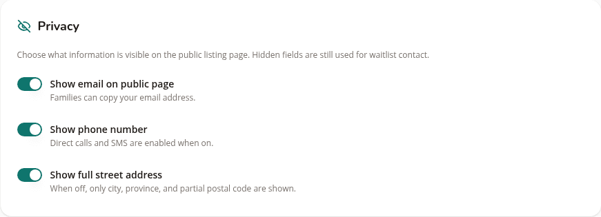 The Privacy section with visibility toggles for email, phone and address