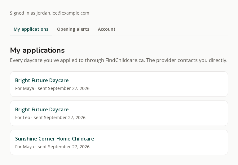 The My applications page listing each daycare a parent applied to, with the child's name and the date it was sent